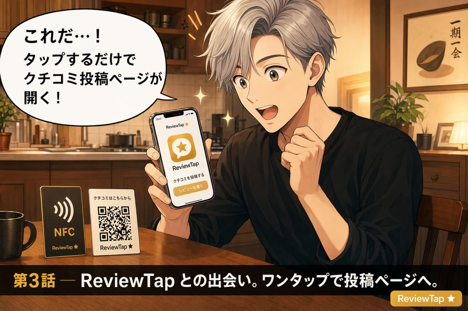 店主が自宅で ReviewTap アプリを発見し喜ぶシーン