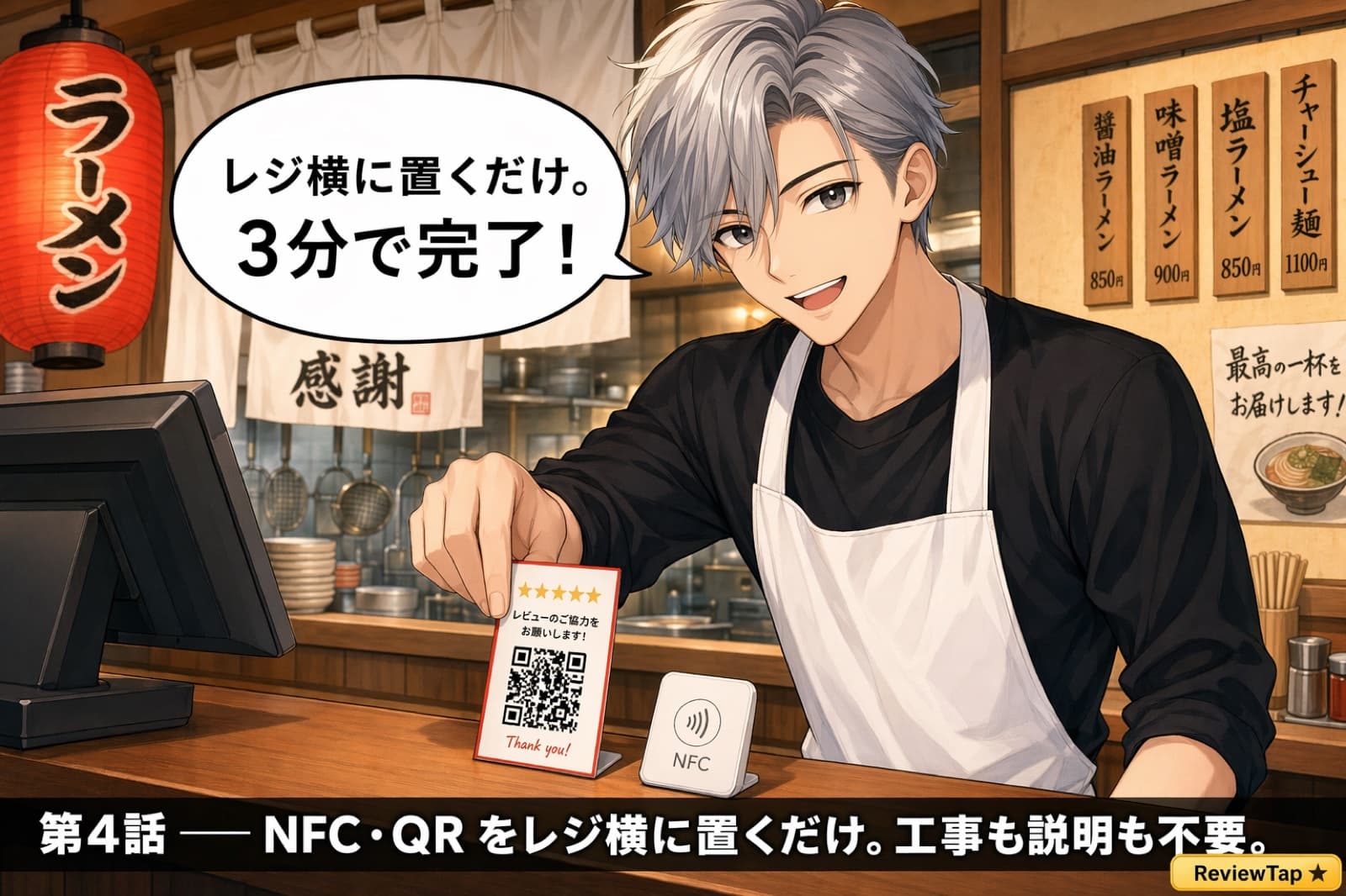 店主がレジ横にクチコミカードと NFC タグを置くシーン