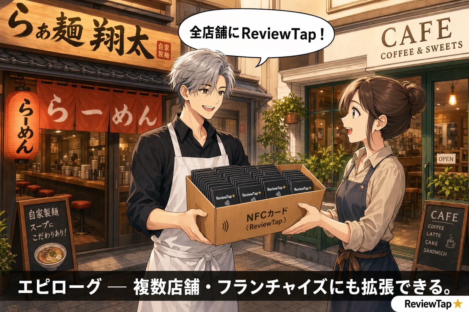 店主が別店舗に NFC カードを届けに行くシーン